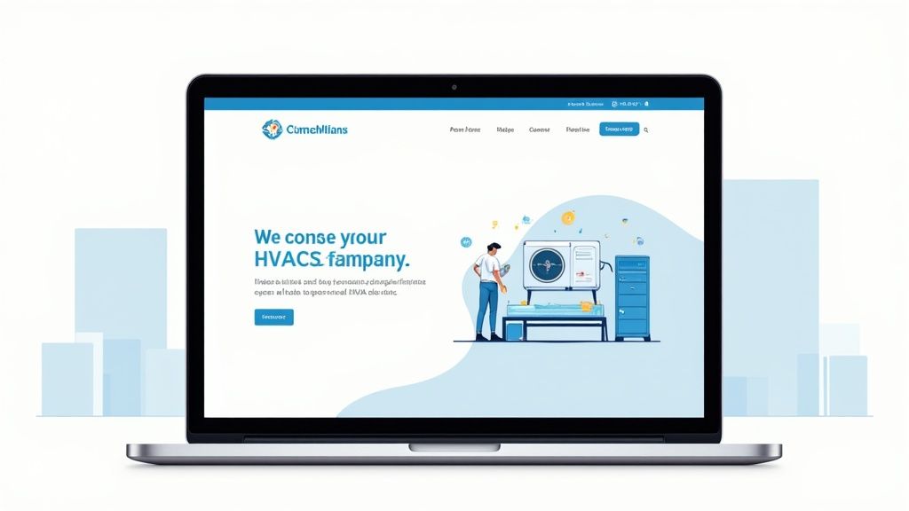 An HVAC technician working on an air conditioning unit outside a modern home