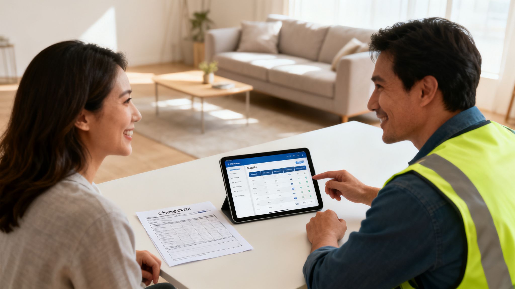 Two people, one in a safety vest, review project plans and details on a tablet.