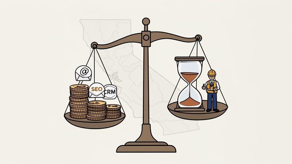 A balanced scale comparing digital marketing services (SEO, CRM, email, money) with time and a construction worker.