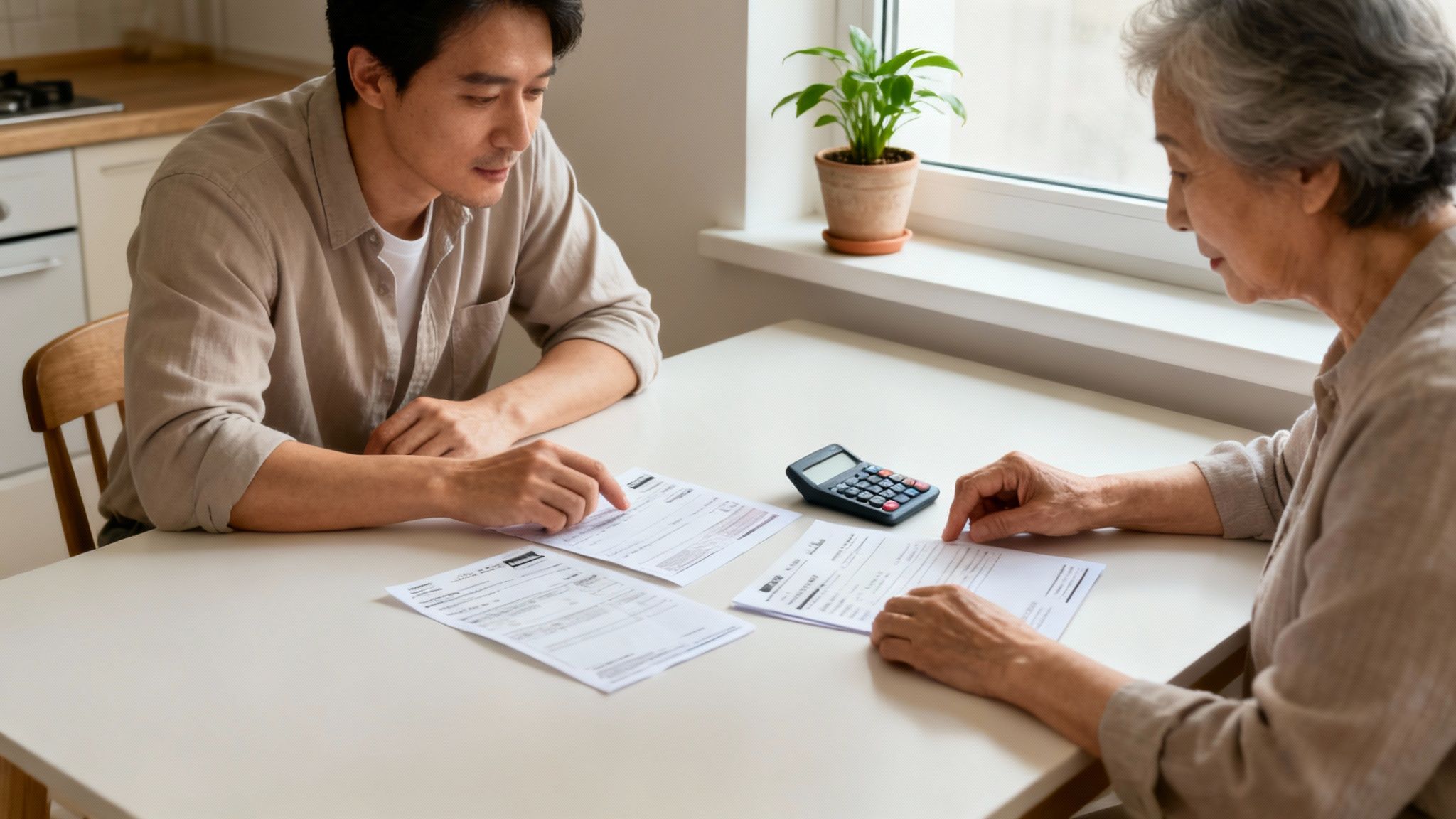 A younger man helps an older woman review financial documents and a calculator at a table.