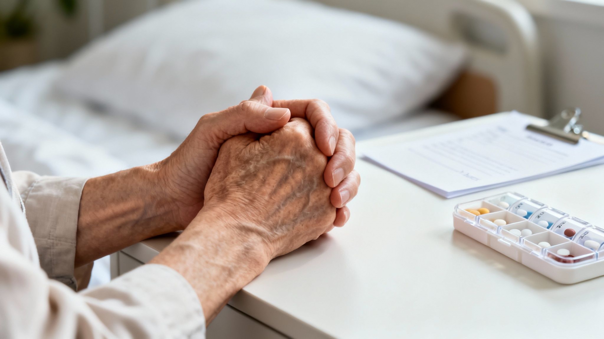 Close-up of an elderly person's clasped hands on a table next to a pill organizer.