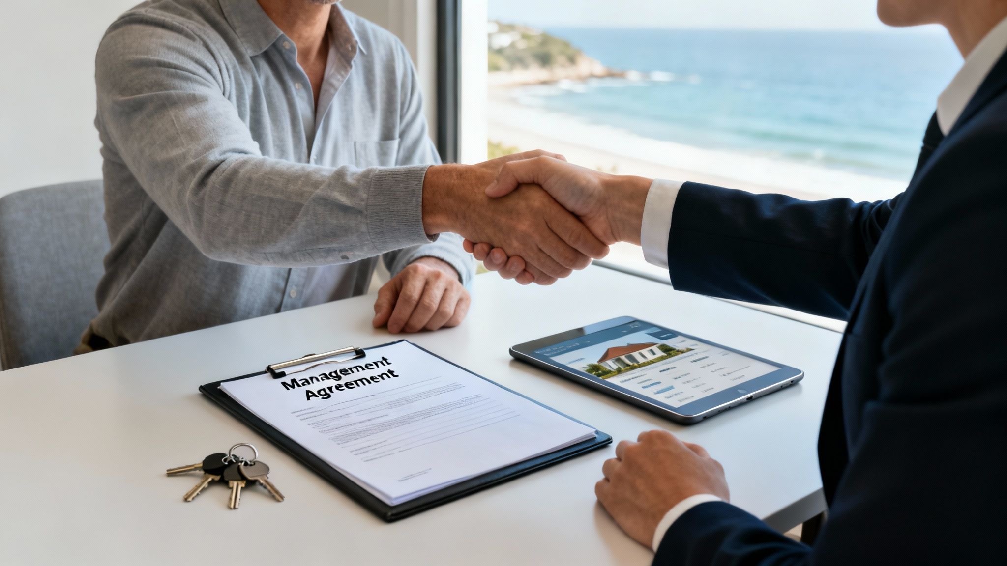 Two men shaking hands over a property management agreement, house keys, and a tablet with a house listing, overlooking the ocean.