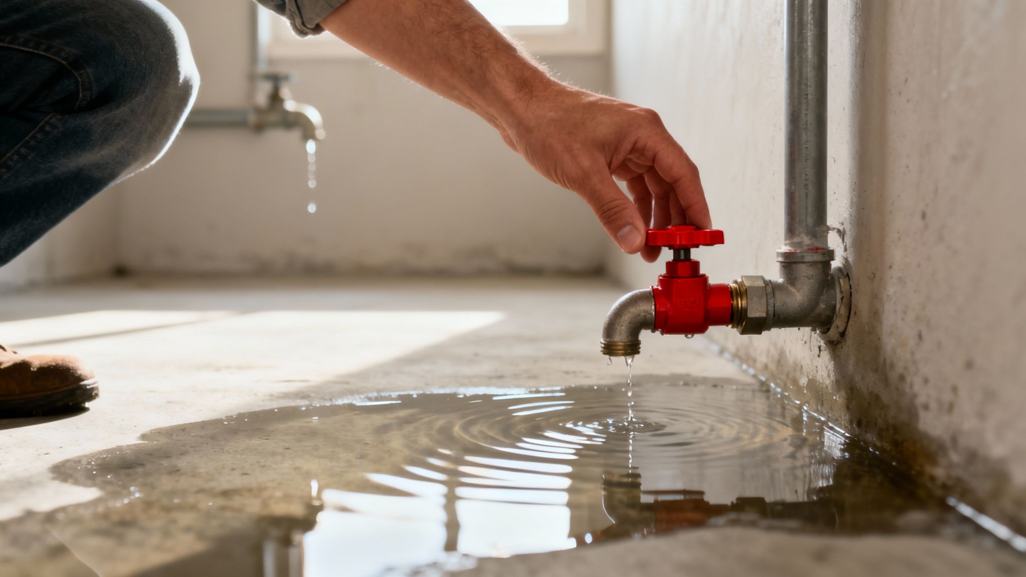 A person's hand turns off a red valve on a dripping faucet, creating a puddle on the floor.