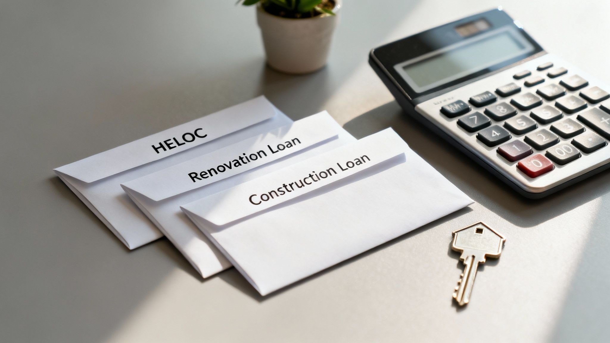 Envelopes for HELOC, Renovation, and Construction loans with a calculator and house key.