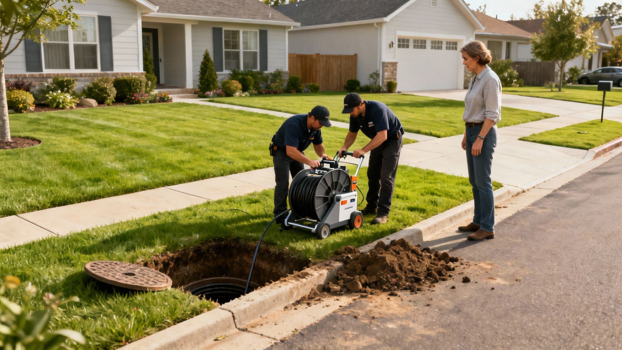 Two technicians perform trenchless sewer work with specialized equipment in a residential area.
