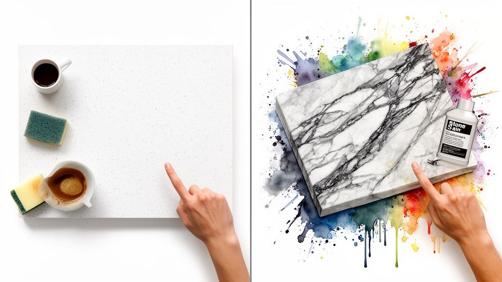 Hands point at a clean quartz surface with coffee and sponges, and a stained marble slab with cleaner.