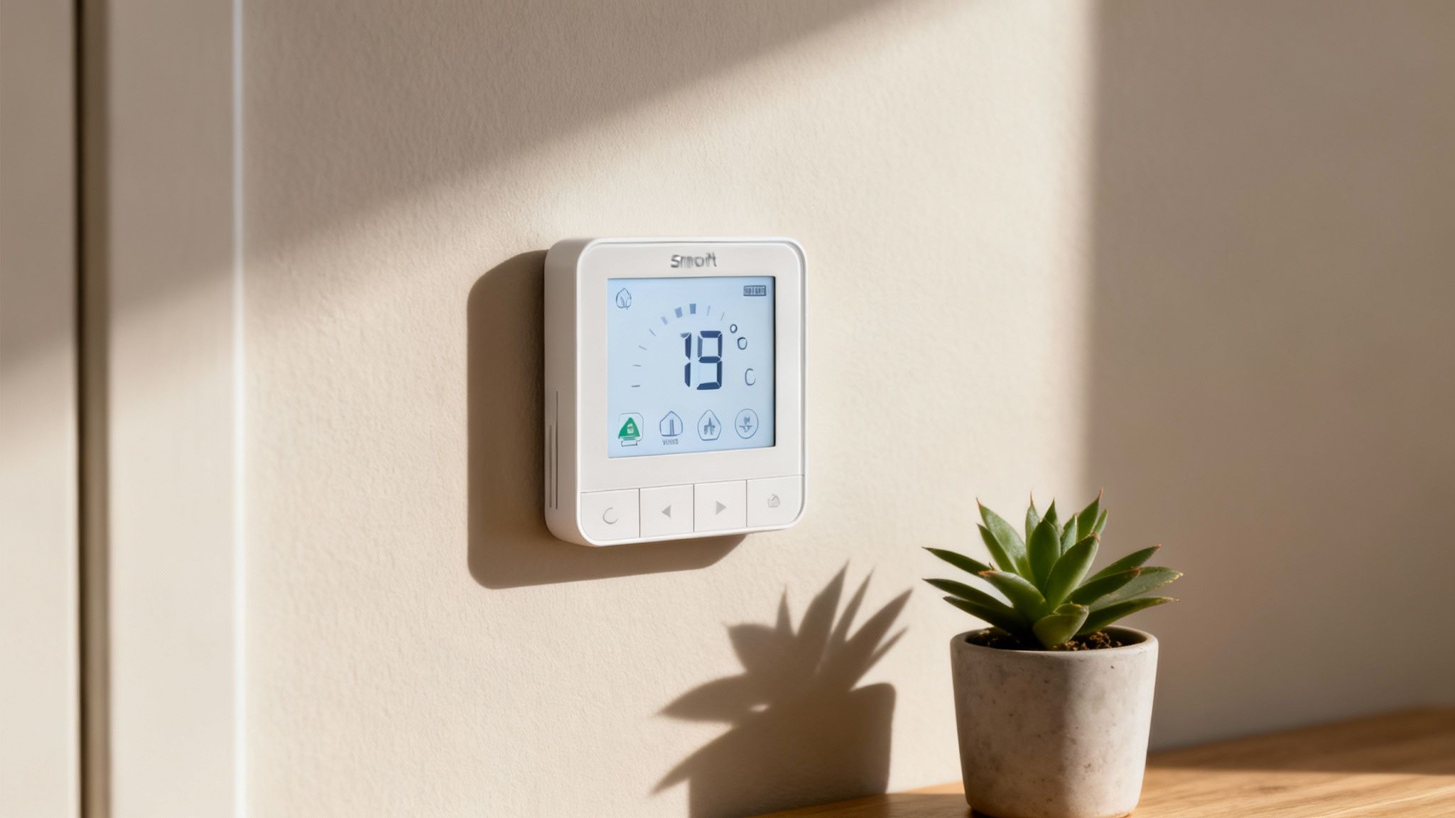A white smart thermostat displaying 19 degrees Celsius on a wall next to a succulent plant.