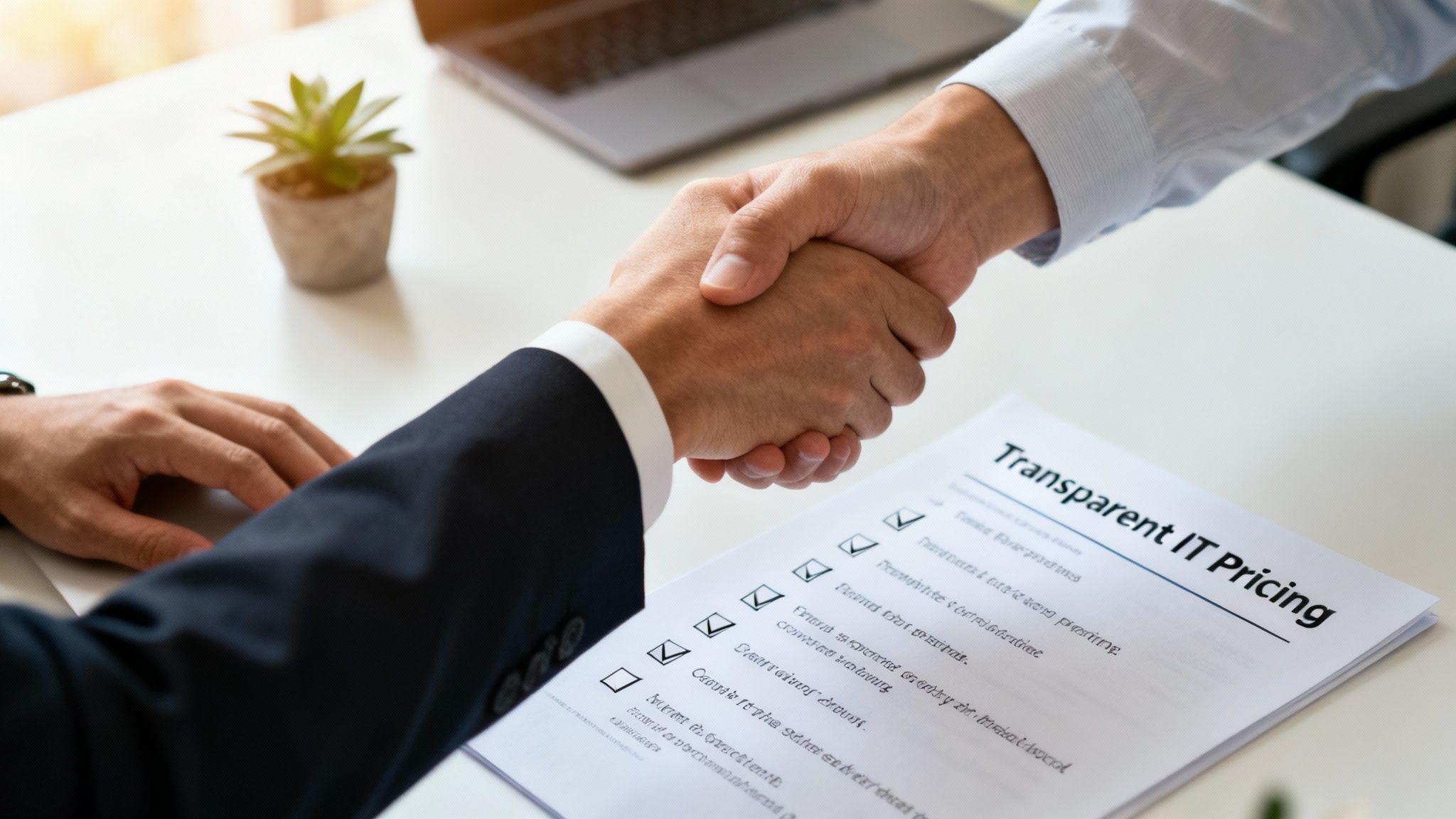 Two businessmen shaking hands over a 'Transparent IT Pricing' document, signifying a concluded deal.