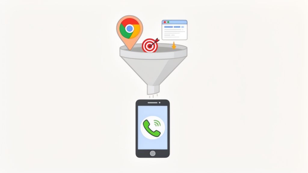 An illustration of a marketing funnel converting online search, targeting, and web activity into phone calls on a smartphone.