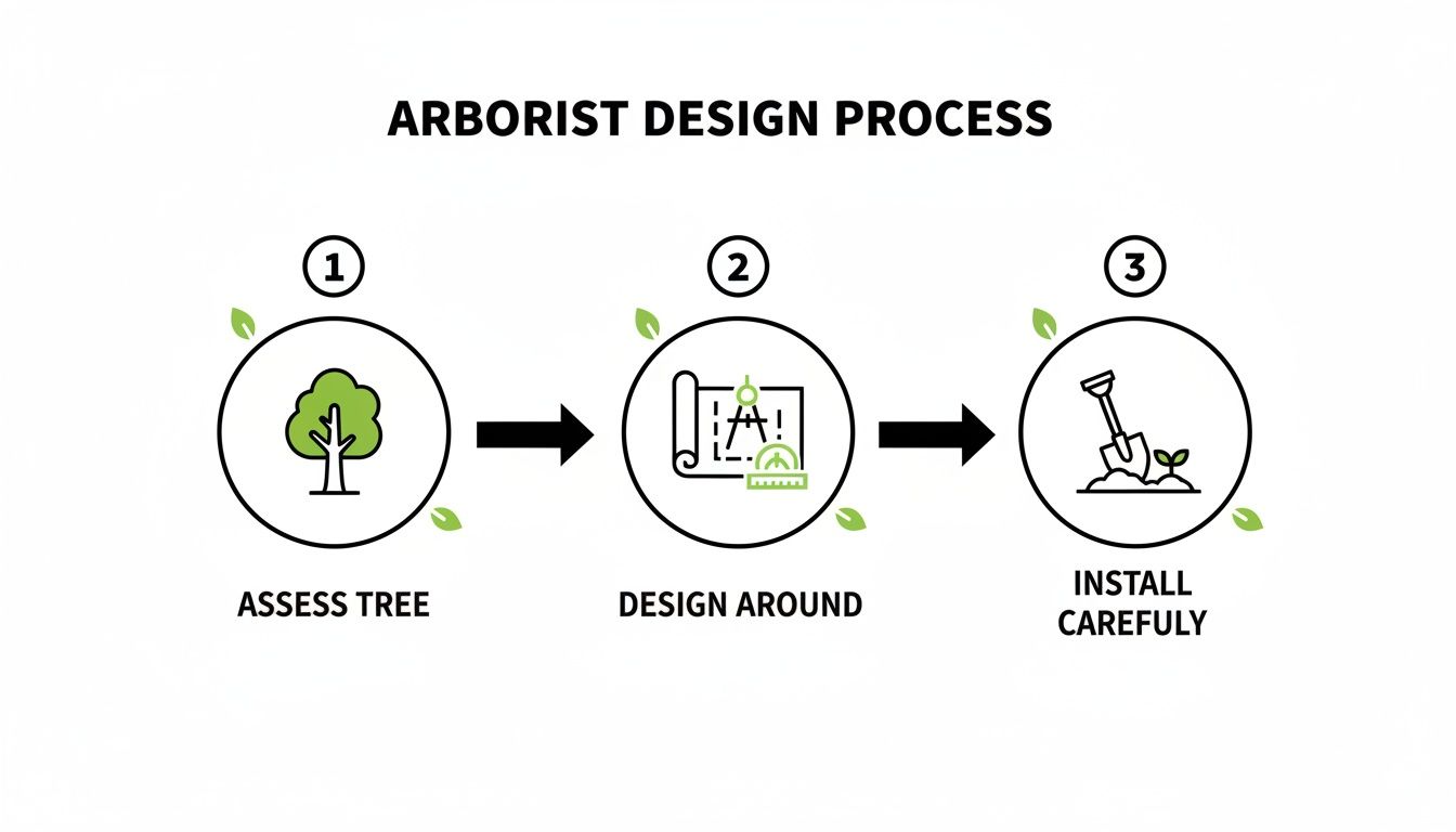 A three-step arborist design process illustrated with icons for assessing trees, designing, and careful installation.