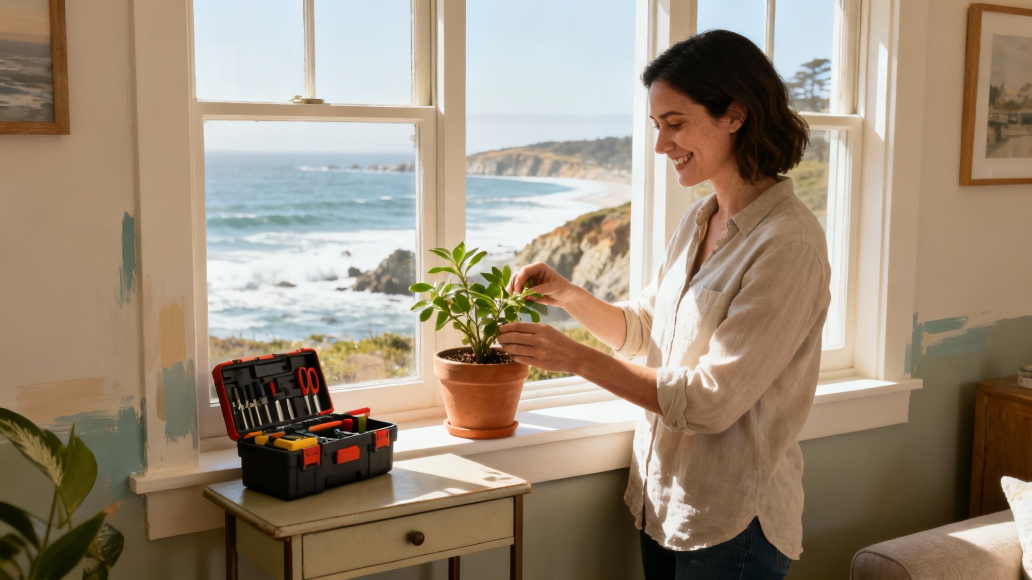 A smiling woman tends to a potted plant by a window overlooking an ocean view.