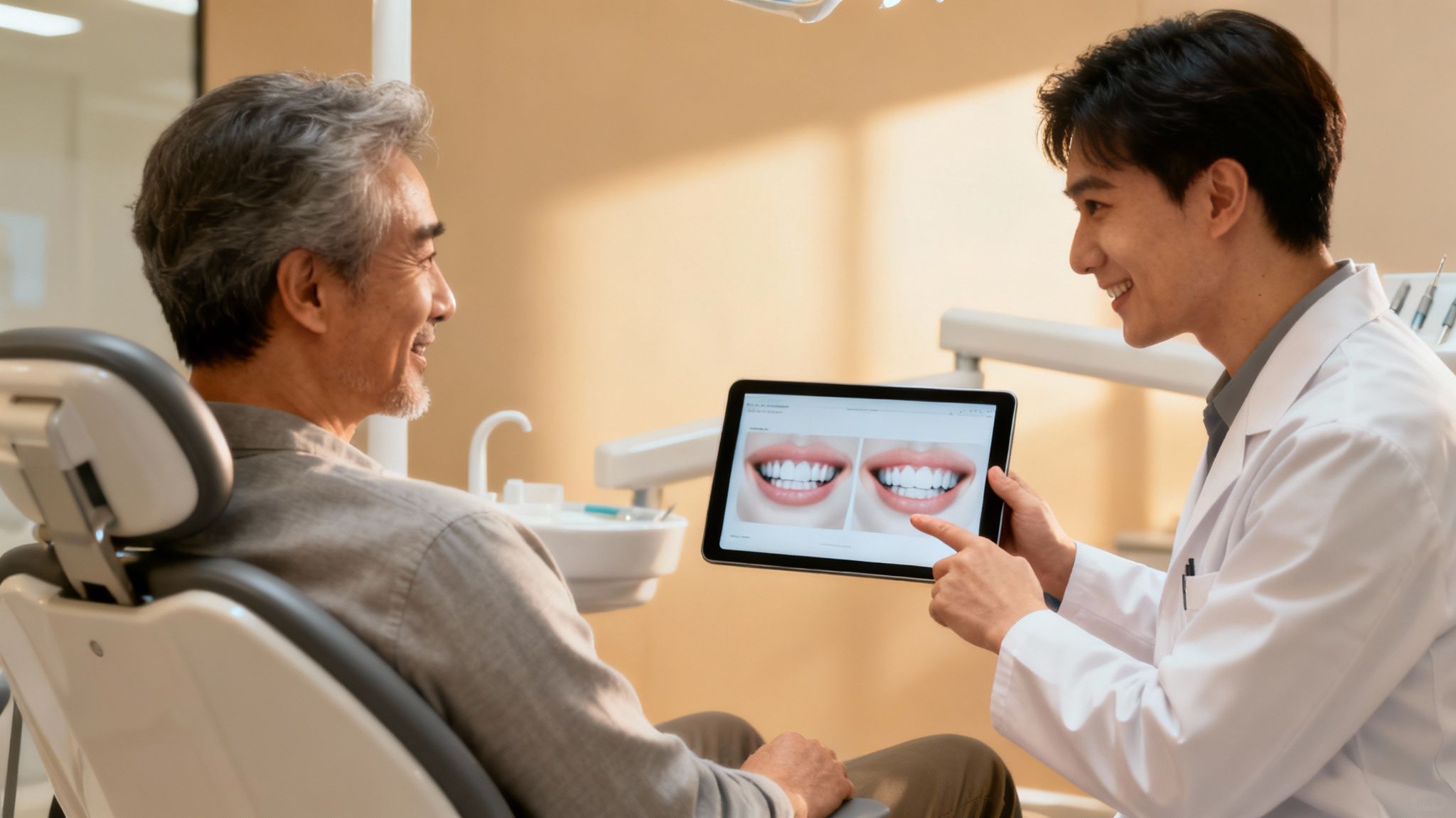 A dentist and patient reviewing a digital scan of teeth on a screen in a modern dental office.