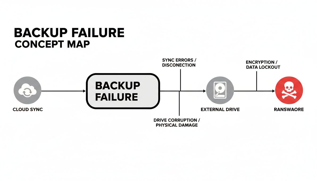 Concept map illustrating backup failure from cloud sync and external drives leading to ransomware.