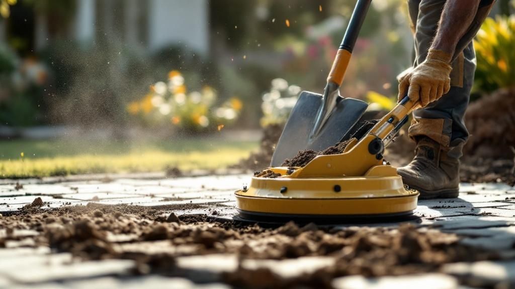 Paver driveway with a modern home in the background, showcasing different textures and colors