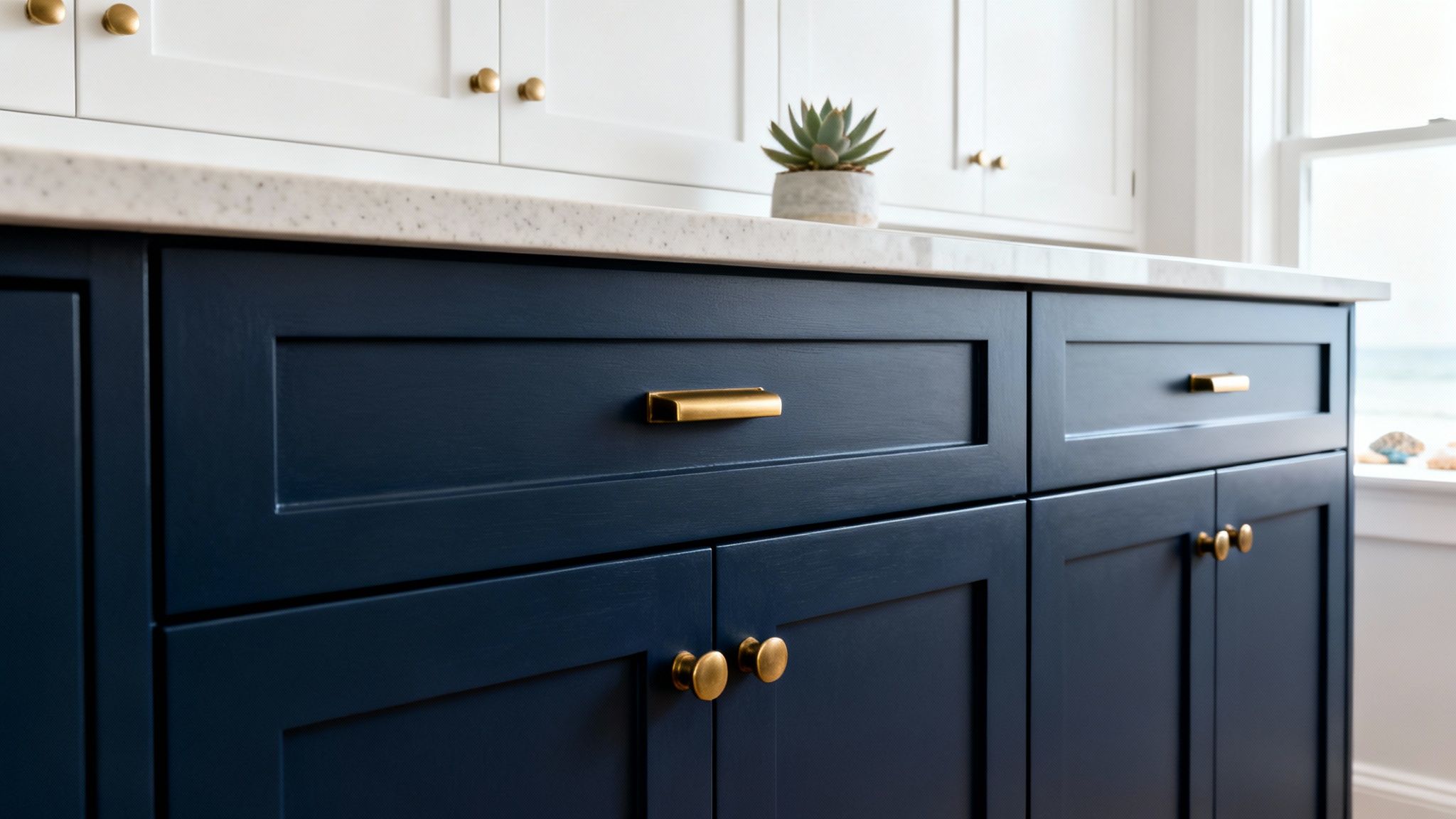 A close-up of a kitchen with two-toned cabinetry, featuring navy blue lower cabinets and white upper cabinets, all with brass hardware.