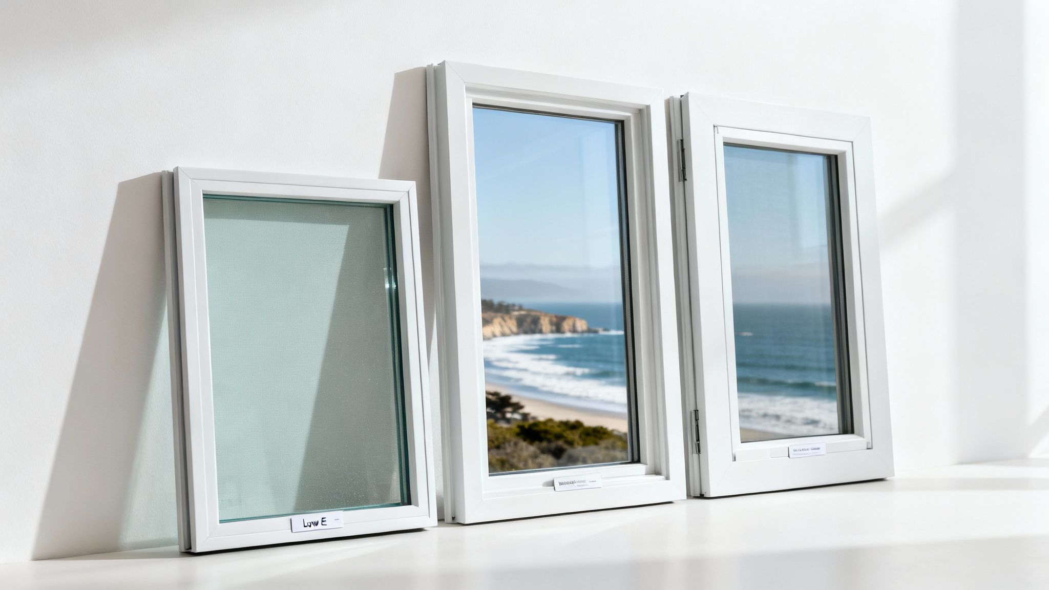 Three white vinyl window frames displaying coastal ocean view and frosted glass options