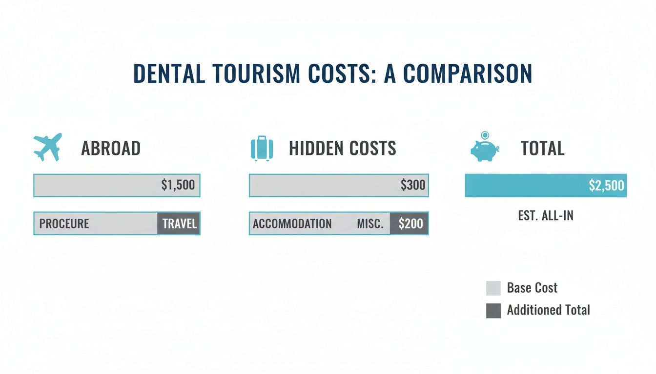 Infographic comparing dental tourism expenses, including abroad, hidden, and total estimated costs.