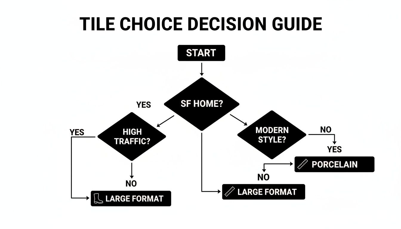 A tile choice decision guide flowchart helping to select between large format or porcelain tiles.