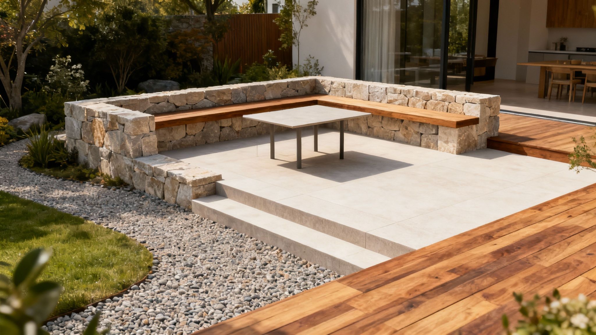 A modern outdoor patio with built-in stone benches, a stylish table, and wooden deck.