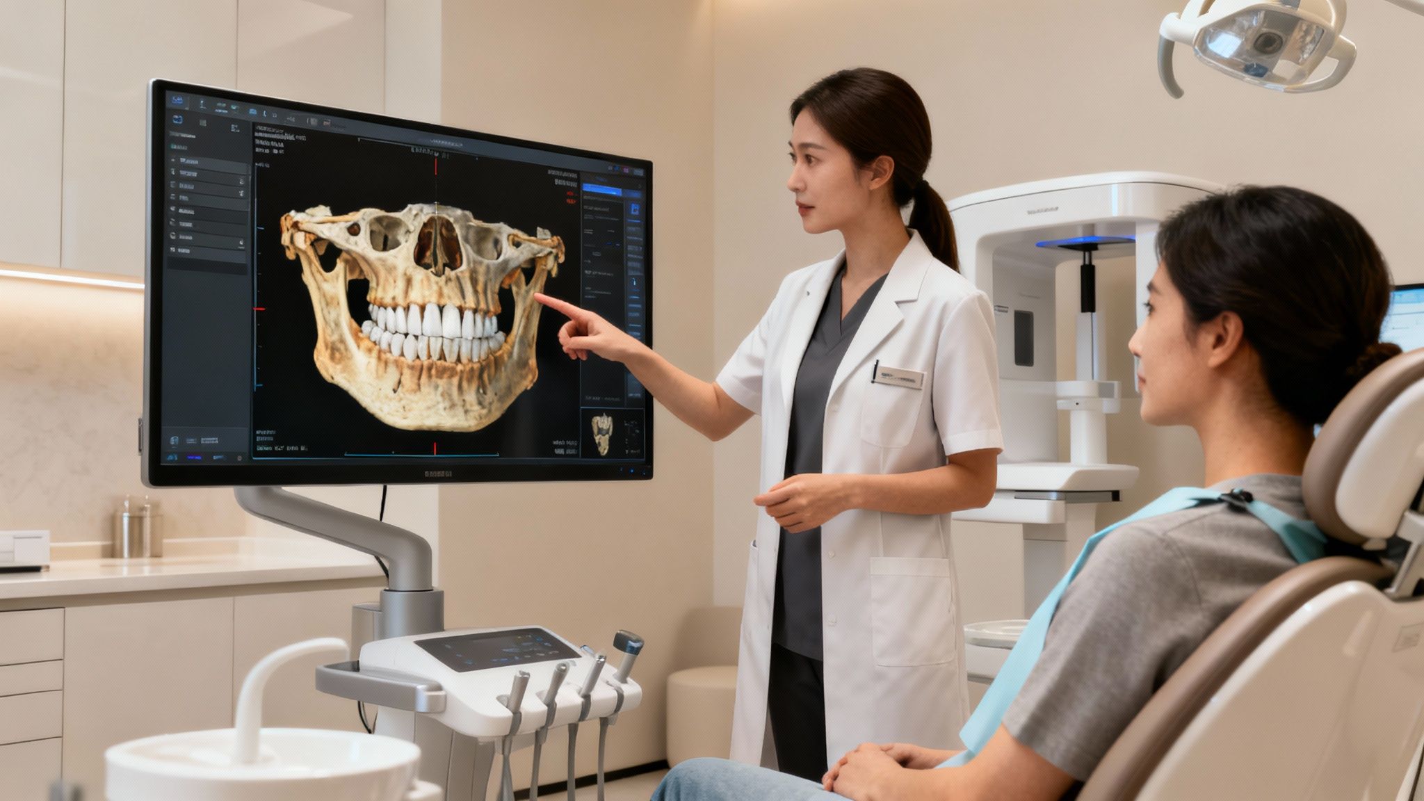 A dentist explains a detailed 3D dental scan of a jaw to a patient in a modern clinic.