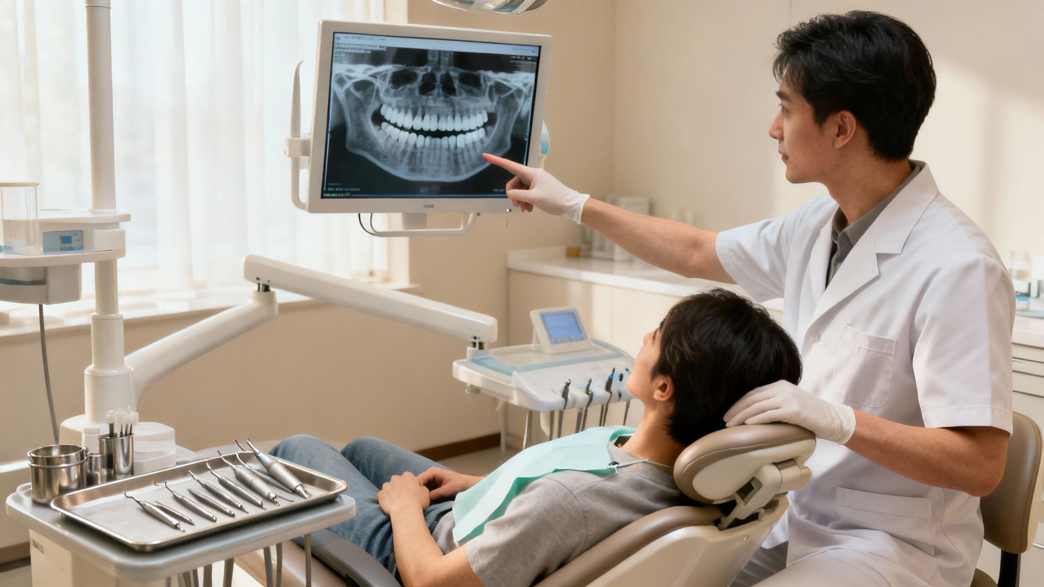 A dentist shows a patient their dental X-ray on a monitor during a consultation.