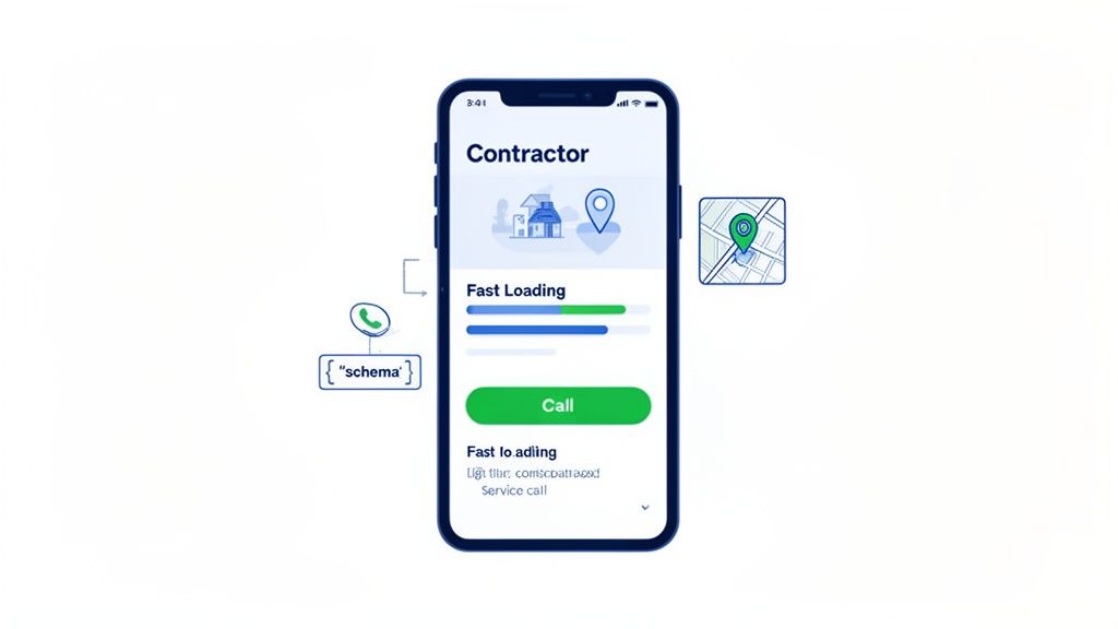 A smartphone displays a contractor's mobile-friendly website with a prominent call button, service area map, and easy-to-read text.