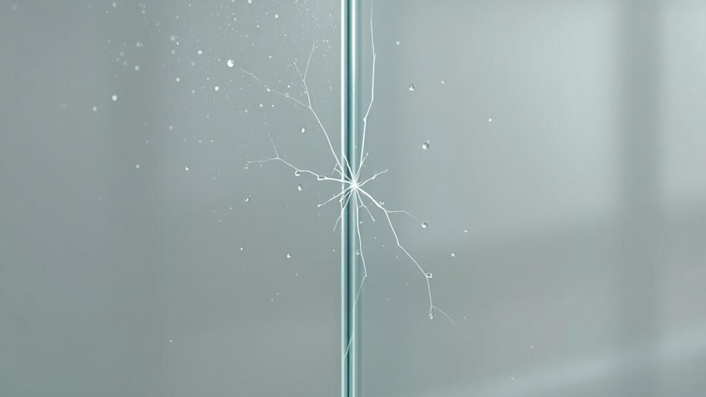 A close-up view of a window pane showing condensation between the glass layers, indicating a failed seal.