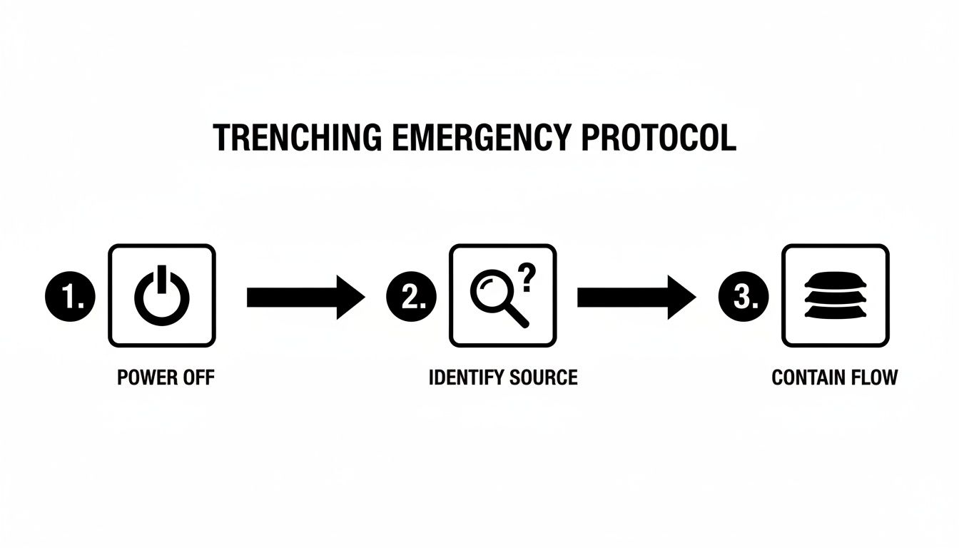 A trenching emergency protocol flowchart showing three steps: Power Off, Identify Source, and Contain Flow.