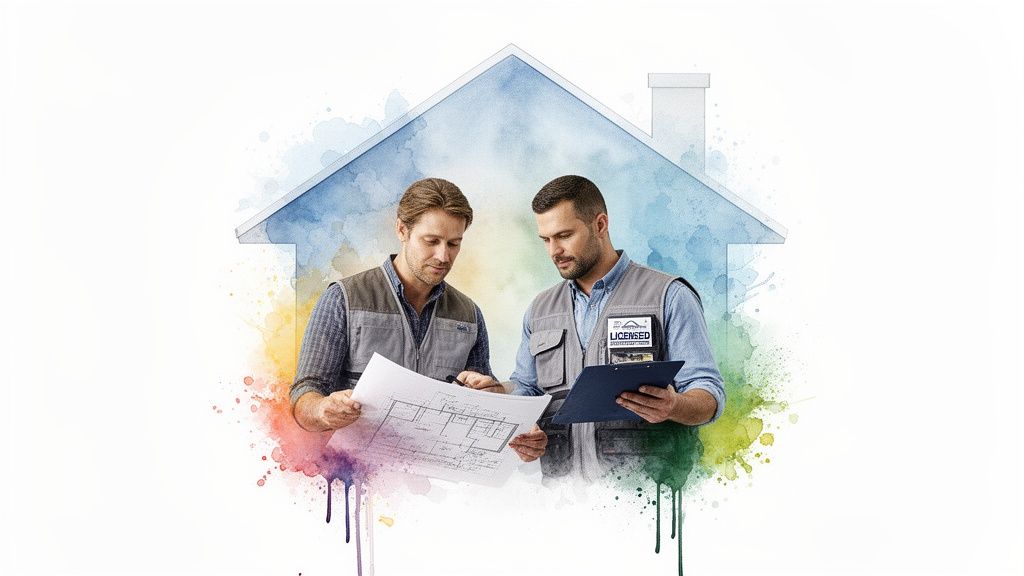 Two licensed contractors review blueprints and plans within a watercolor house illustration.