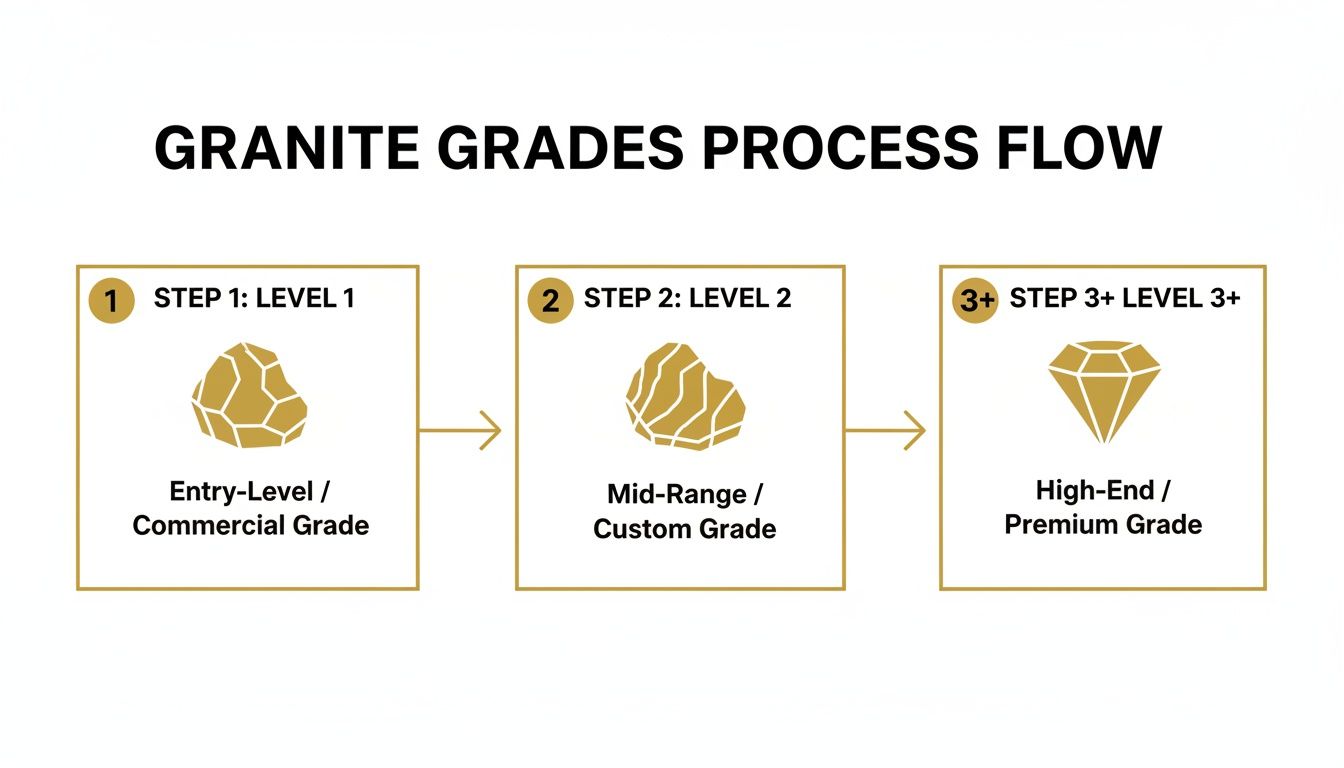 A process flow diagram illustrating three levels of granite grades: Entry-Level, Mid-Range, and High-End.