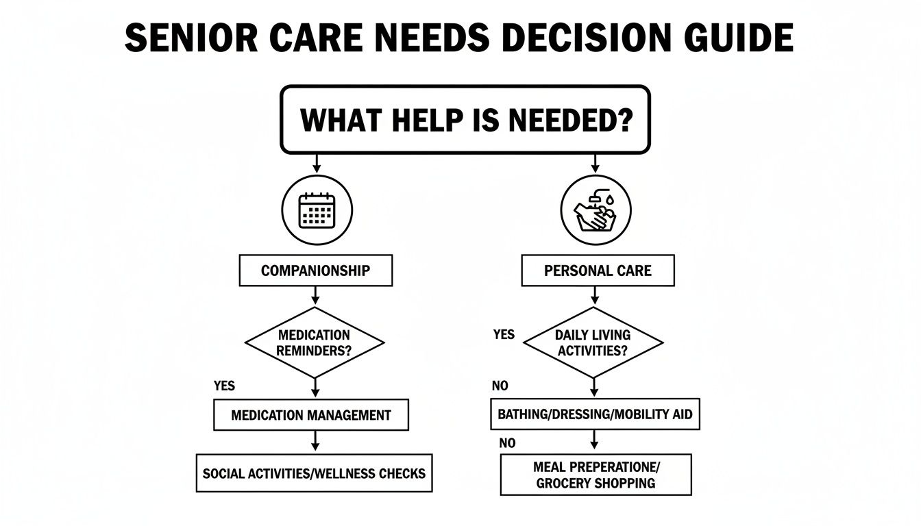 Flowchart for senior care needs decision guide, outlining companionship and personal care services.