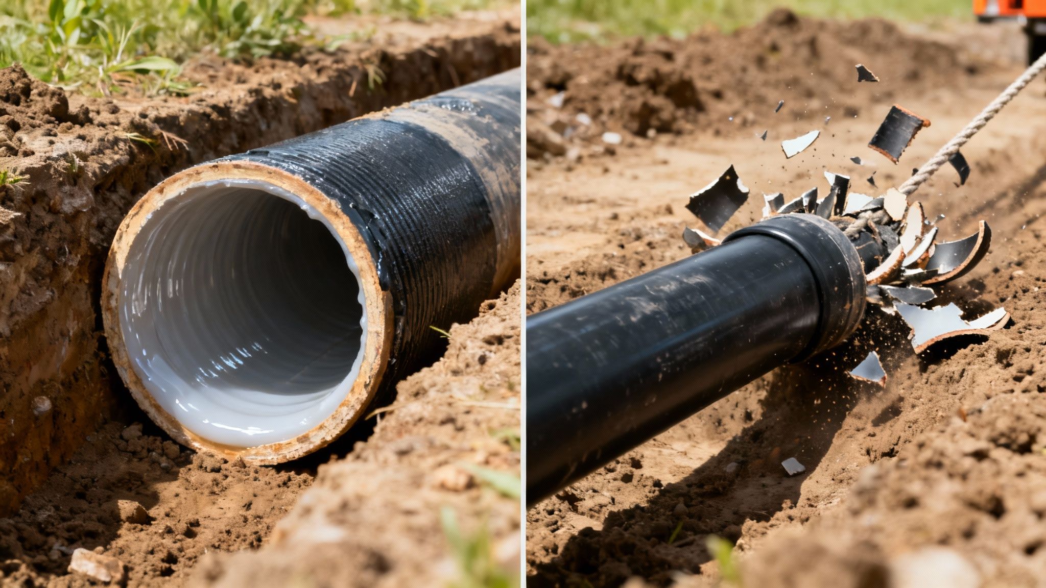 Trenchless pipe repair showing new pipe in trench and old pipe bursting during installation.