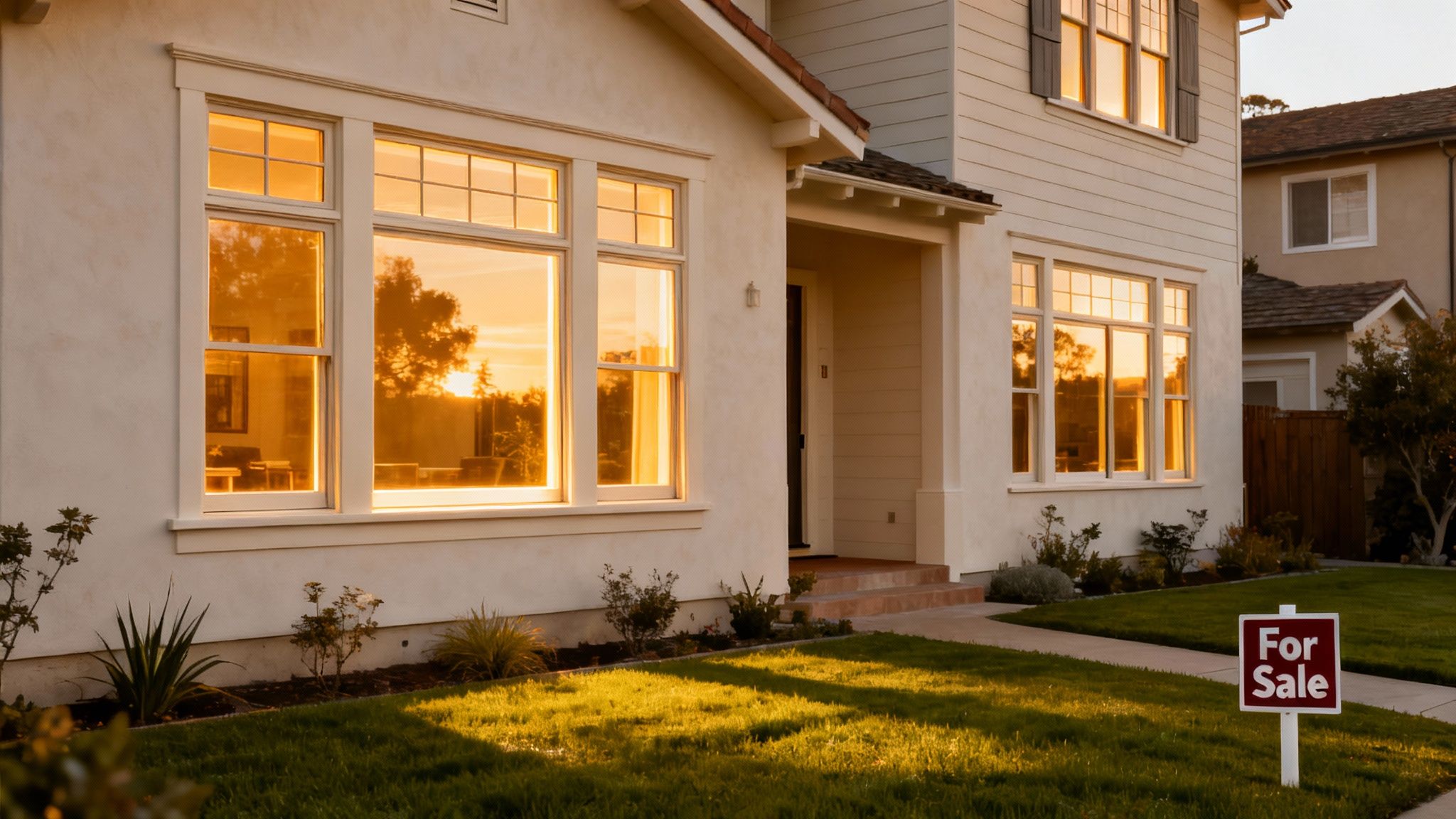 A modern two-story house with golden sunset reflections in its windows and a 'For Sale' sign on the lawn.