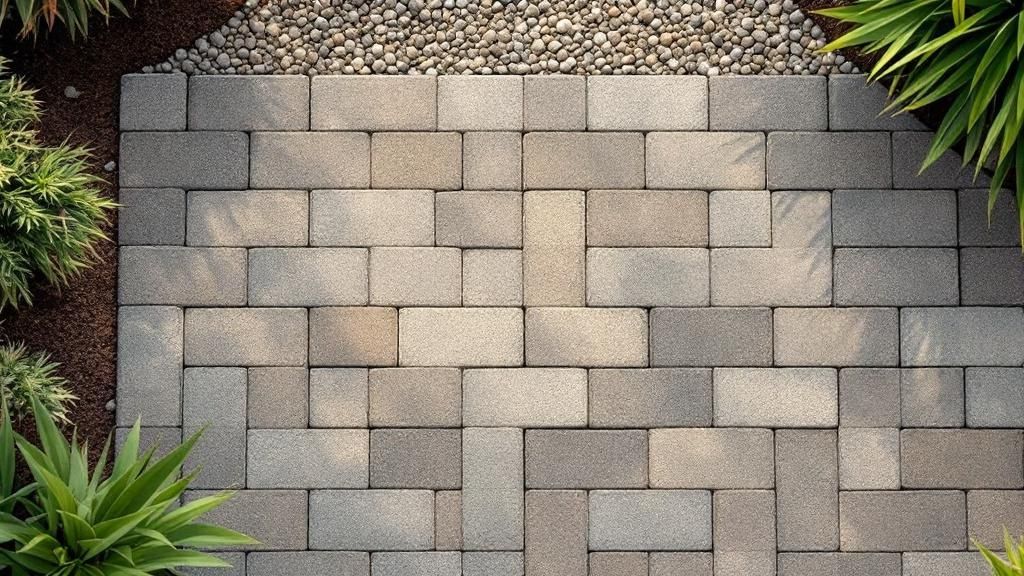 A patio made with permeable pavers, showing the gaps between them that allow water to drain through.