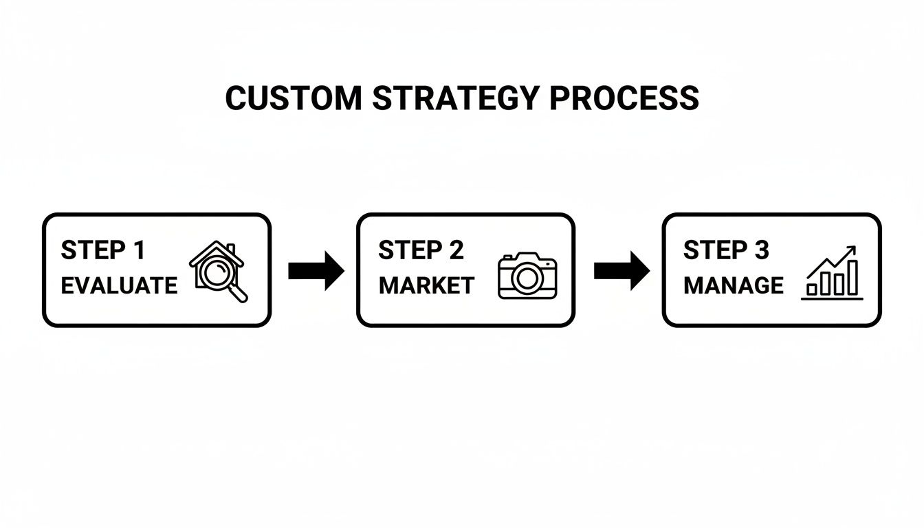 A diagram illustrates a three-step custom strategy process: evaluate, market, and manage, with relevant icons.