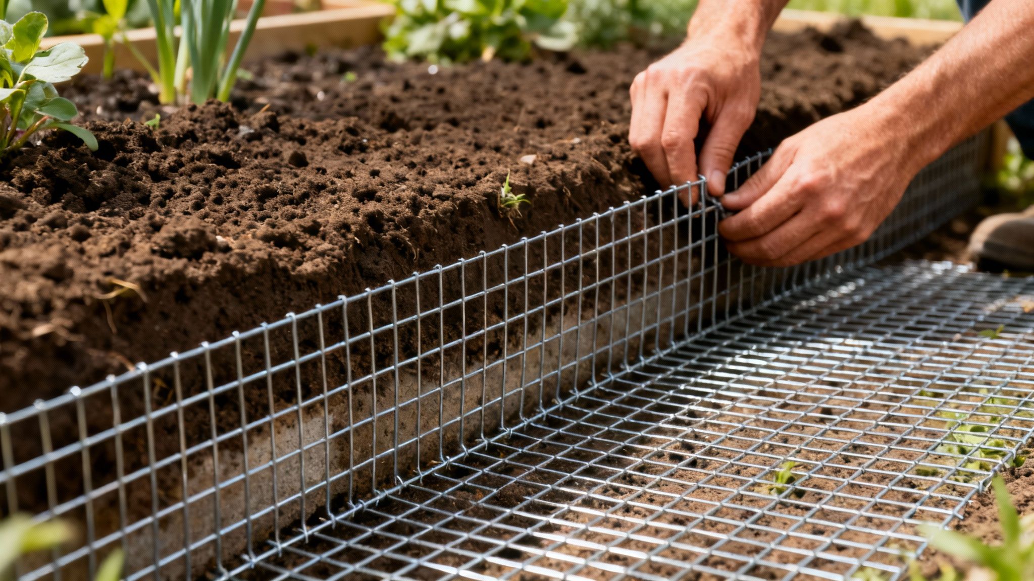 Hands install wire mesh to protect a raised garden bed from burrowing animals.