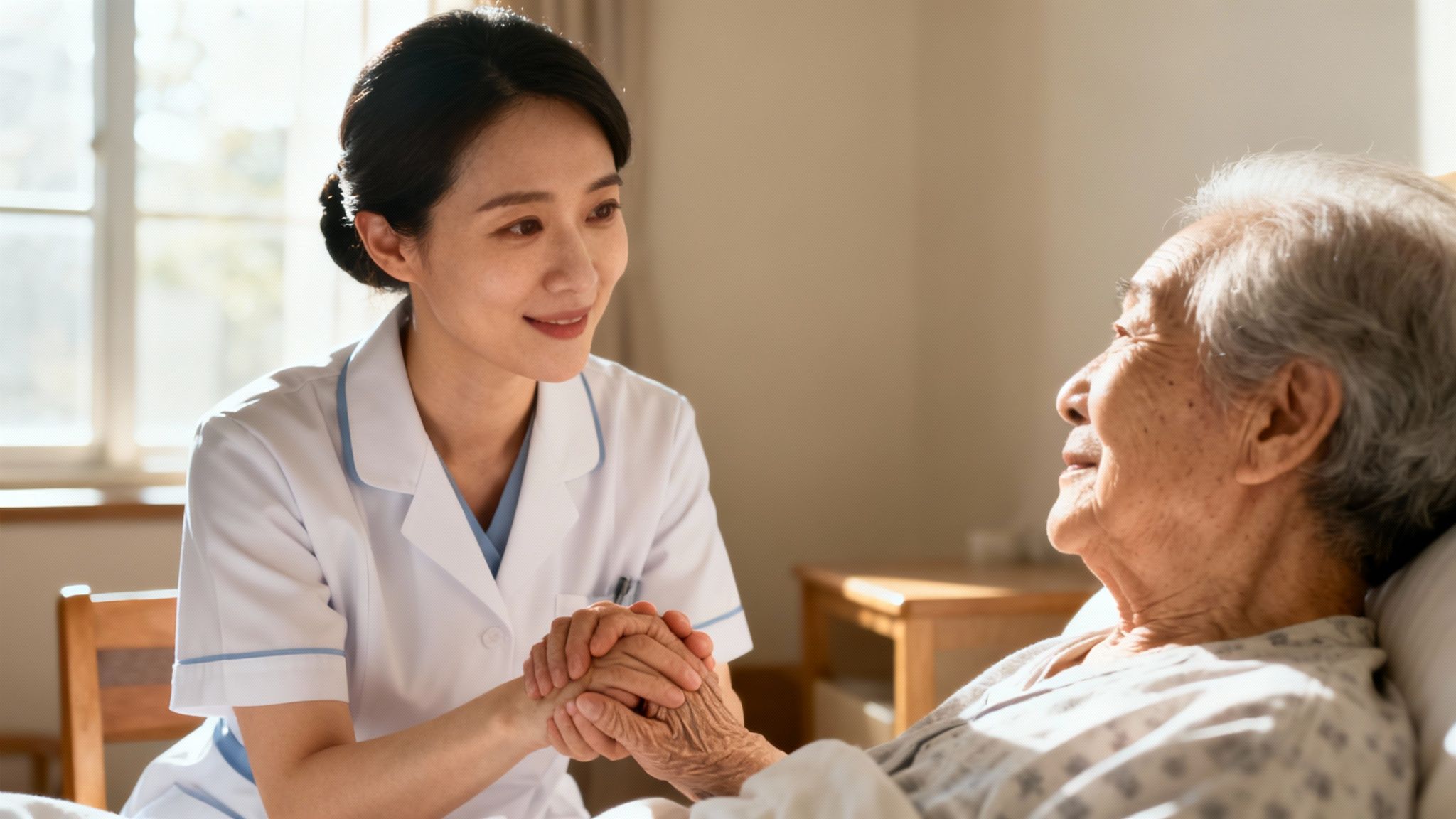 A compassionate healthcare professional comforting an older patient at home, embodying the supportive nature of hospice.