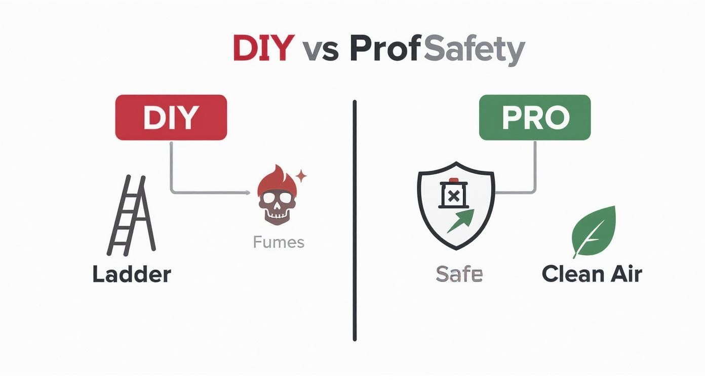 An infographic decision tree comparing the safety risks of DIY painting (ladder falls, fume inhalation) versus the safety benefits of hiring a pro (professional equipment, clean air management).
