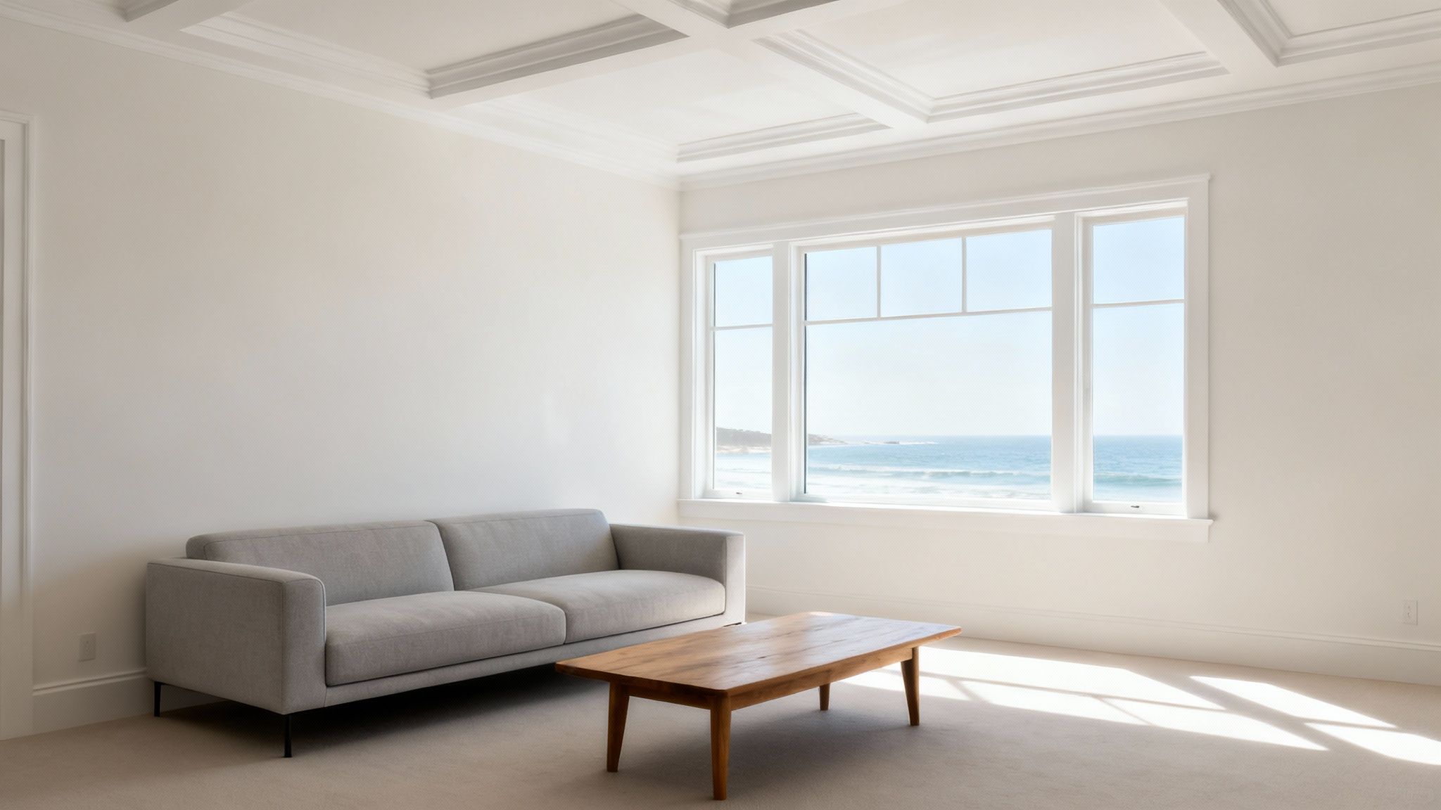 A minimalist living room with a grey sofa, wooden coffee table, and large window overlooking the ocean.