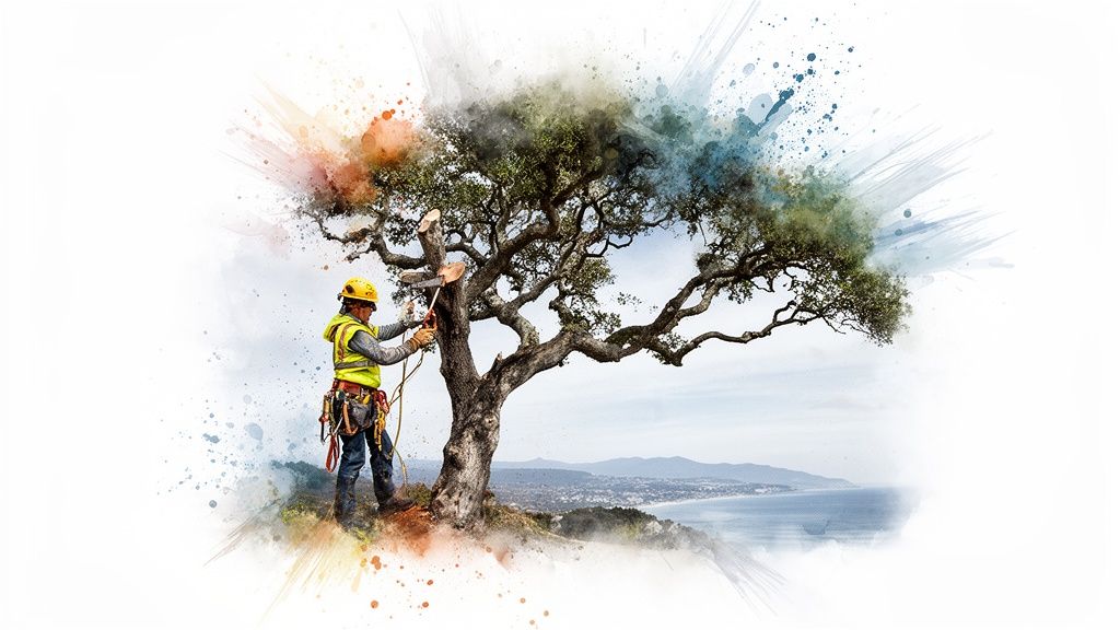 Arborist in safety gear trims a tree with a chainsaw, overlooking a scenic coast and mountains.