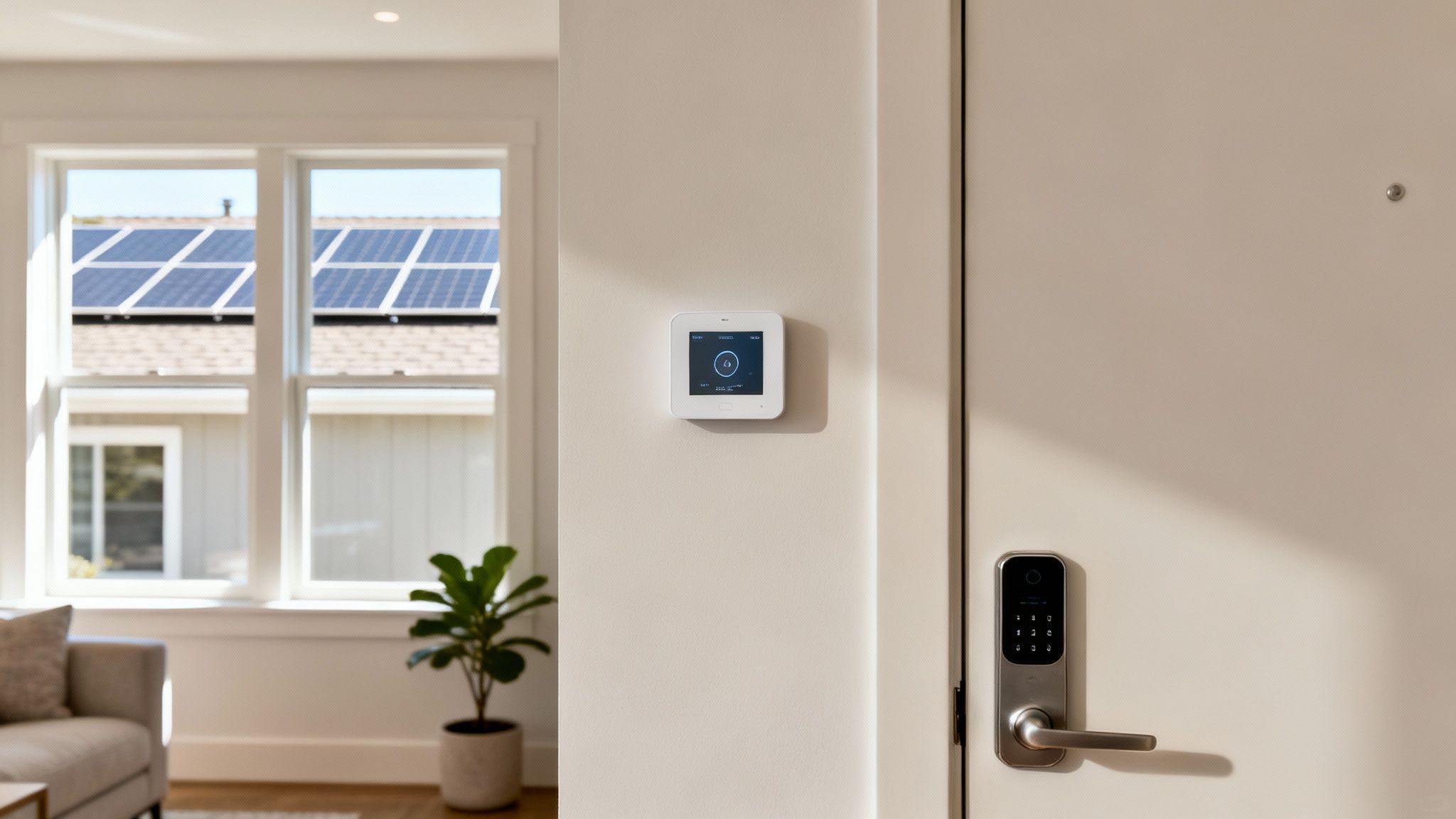 Modern home interior featuring a smart control panel, digital door lock, and visible rooftop solar panels.