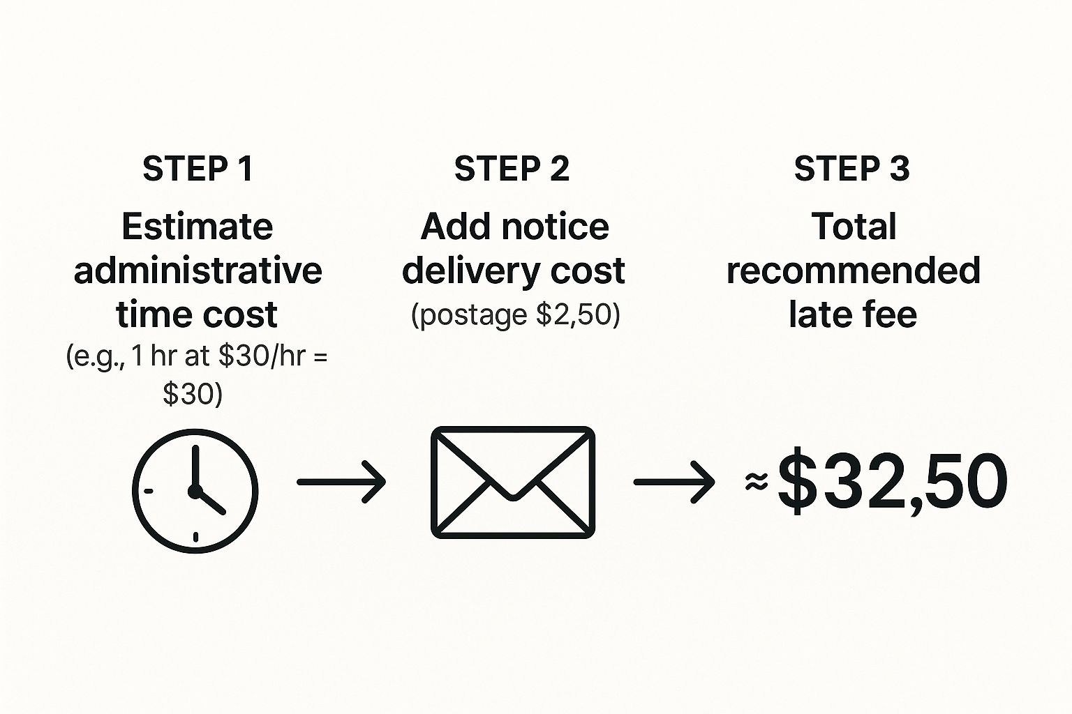 Infographic showing the three-step process to calculate a reasonable late fee in California, including administrative time, notice costs, and the total fee.