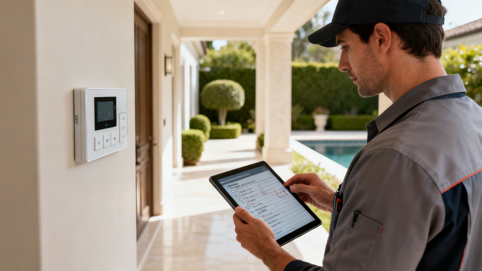Man in uniform checking a smart home control panel with a tablet in a high-end property.