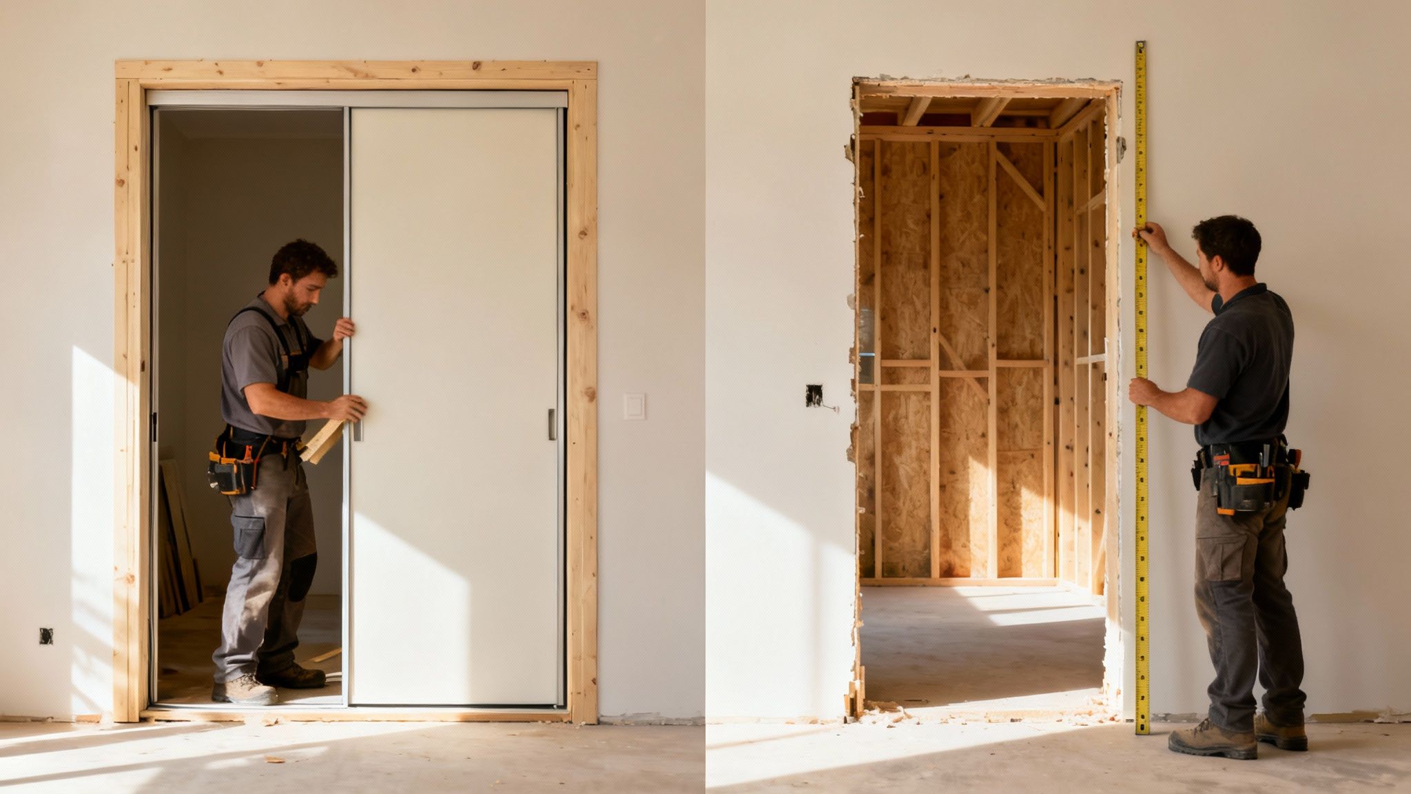 A worker installs a white sliding door and measures a wooden door frame at a construction site.