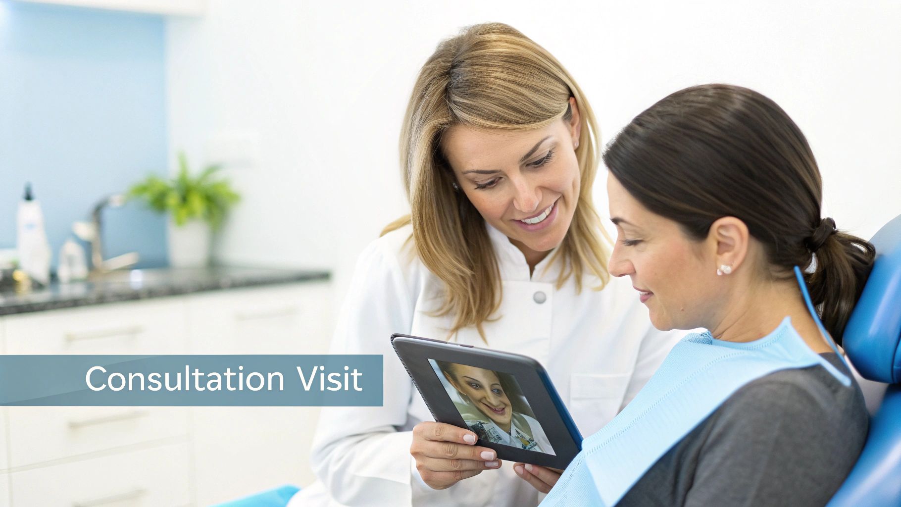 A female dentist in a white coat shows a tablet to a patient in a dental chair.