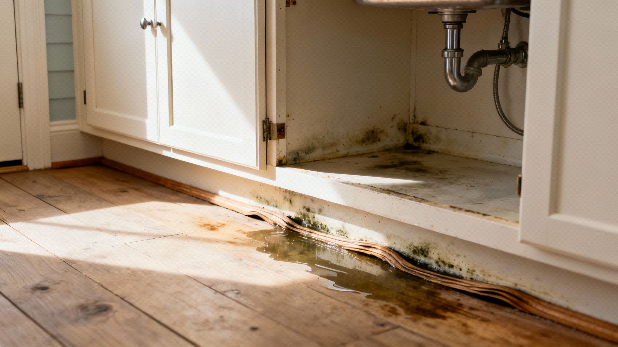 A leaky kitchen sink cabinet shows significant water damage, dark mold growth, and water pooling on the wooden floor.