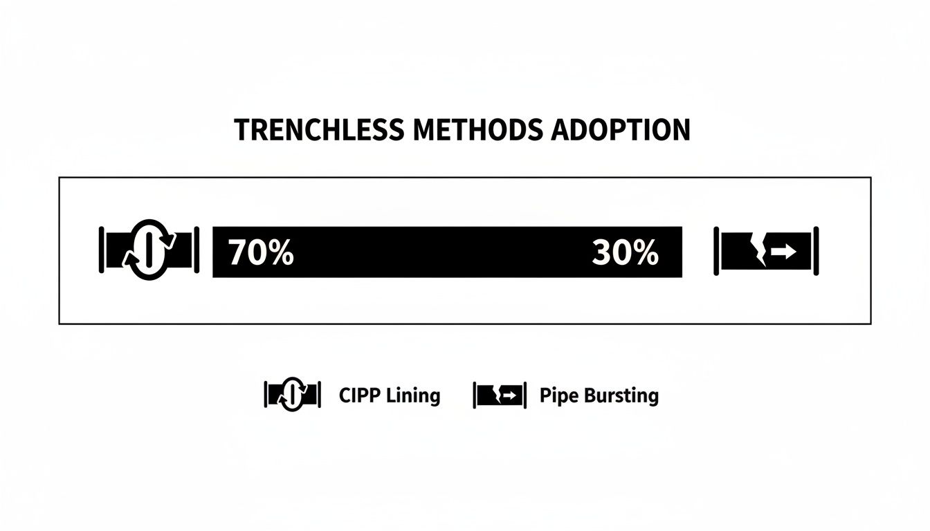 Infographic showing trenchless methods adoption: 70% CIPP Lining and 30% Pipe Bursting.