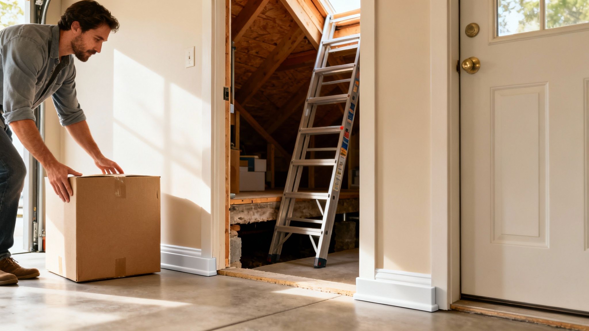 A man places a cardboard box on the floor near an open attic with a ladder, suggesting home renovation.