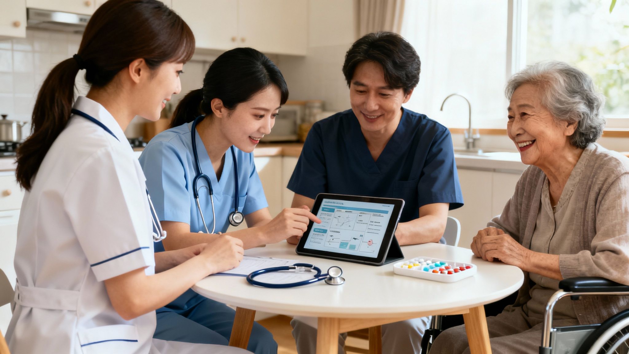 Three healthcare professionals explain medical data on a tablet to a smiling senior woman.