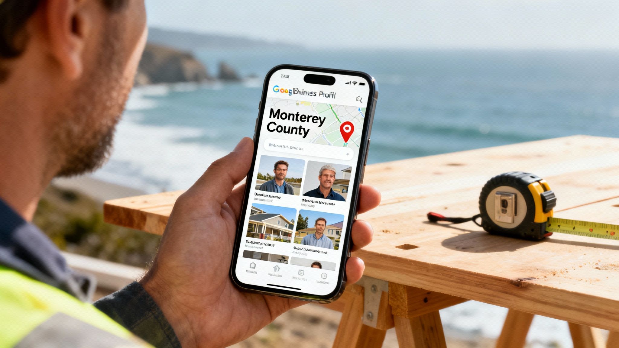 A contractor reviews Google Business Profile on a smartphone, showing local business listings in Monterey County by the ocean.